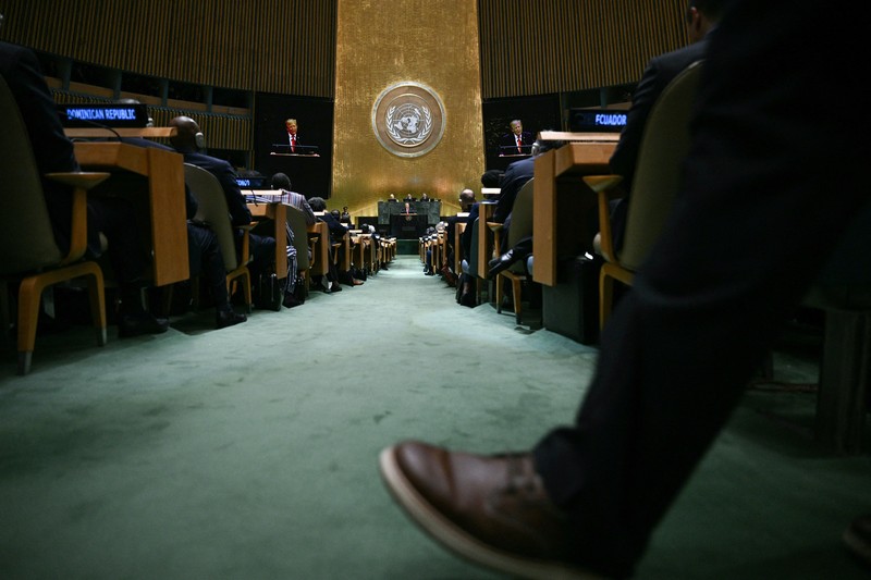 Presiden AS Donald Trump berbicara dalam Sidang Majelis Umum Perserikatan Bangsa-Bangsa ke-81 di Markas Besar PBB di New York City, AS, pada 22 September 2026. (BRENDAN SMIALOWSKI/Pool via REUTERS)