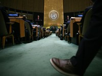 Presiden AS Donald Trump berbicara dalam Sidang Majelis Umum Perserikatan Bangsa-Bangsa ke-81 di Markas Besar PBB di New York City, AS, pada 22 September 2026. (BRENDAN SMIALOWSKI/Pool via REUTERS)