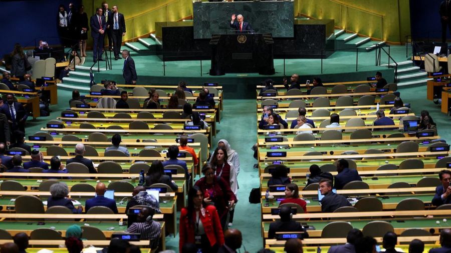 Israel's Prime Minister Benjamin Netanyahu waves to delegates walking out of the General Assembly hall after he arrived to address the 81st United Nations General Assembly (UNGA) at UN headquarters in New York City, US, September 24, 2026.   REUTERS/