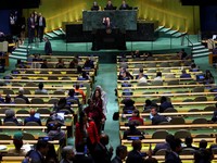Israel's Prime Minister Benjamin Netanyahu waves to delegates walking out of the General Assembly hall after he arrived to address the 81st United Nations General Assembly (UNGA) at UN headquarters in New York City, US, September 24, 2026.   REUTERS/