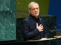 Iran's President Masoud Pezeshkian addresses the 81st United Nations General Assembly (UNGA) at UN headquarters in New York City, US, September 23, 2026.  REUTERS/MIKE SEGAR