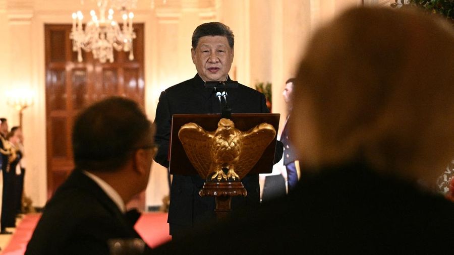 Chinese President Xi Jinping speaks during a state dinner hosted by US President Donald Trump (R) in the East Room of the White House in Washington, DC, on September 24, 2026. President Xi is on a State visit to the United States from September 23 to