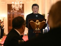 Chinese President Xi Jinping speaks during a state dinner hosted by US President Donald Trump (R) in the East Room of the White House in Washington, DC, on September 24, 2026. President Xi is on a State visit to the United States from September 23 to