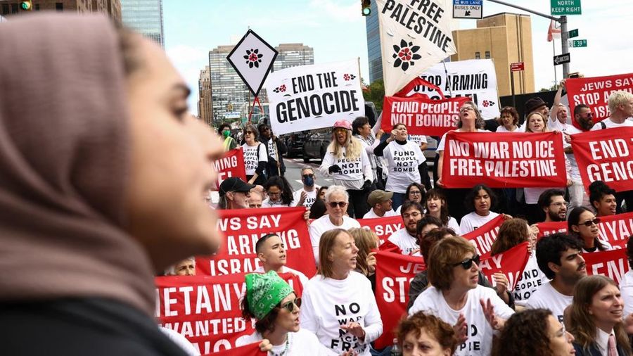 Pro-Palestinian demonstrators block First Avenue near the United Nations headquarters building, ahead of Israel's Prime Minister Benjamin Netanyahu's address to the 81st United Nations General Assembly in New York, on September 24, 2026. (Photo by CH