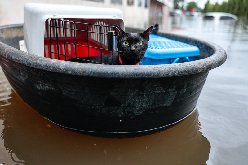 People are transported by a boat as others wade through a flooded area during heavy rain in Bangkok, Thailand, September 27, 2026. REUTERS/Patipat Janthong