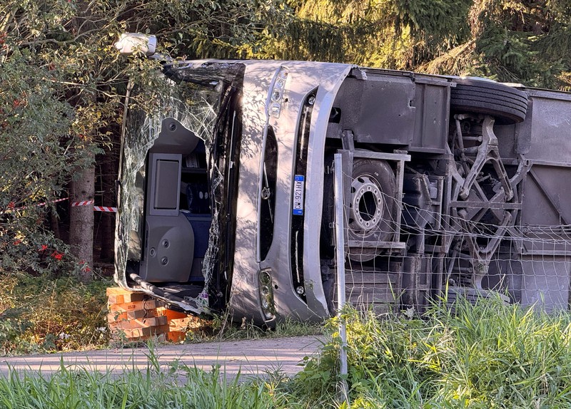 An overturned tour bus lies on the motorway A96 after a crash, killing two people and injuring several others, near Landsberg am Lech, Germany, September 27, 2026. REUTERS/Christine Uyanik     TPX IMAGES OF THE DAY