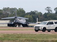 B1B Lancer bomber at the RAF Fairford airbase, after police declared a major incident at the base after several men were arrested on suspicion of offences under the Explosives Act, in Fairford, Gloucestershire, Britain, September 27, 2026. REUTERS/To