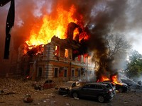 Smoke and flames rise from an administrative building hit by a Russian jet-powered drone strike, amid Russia's attack on Ukraine, in Kyiv, Ukraine, September 28, 2026. REUTERS/Valentyn Ogirenko