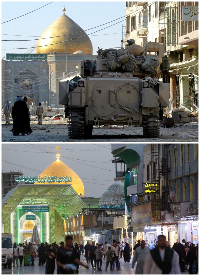 A combination picture shows a U.S. soldier watching as a statue of Iraqi President Saddam Hussein falls at Firdos Square in central Baghdad, Iraq, April 9, 2003, and the square on September 28, 2026.  REUTERS/Goran Tomasevic  REUTERS/Ahmed Saad     TPX IMAGES OF THE DAY