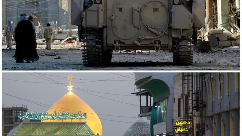 A combination picture shows a U.S. Army Bradley armoured vehicle of the 1st Cavalry division guarding a street leading from the cemetery to Imam Ali shrine, in Najaf, Iraq, August 27, 2004, and people walking along the street on September 24, 2026. R