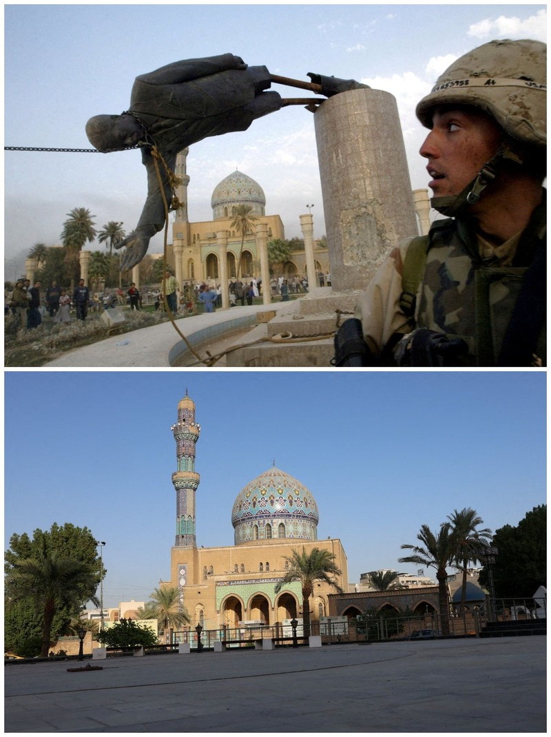 A combination picture shows a U.S. soldier watching as a statue of Iraqi President Saddam Hussein falls at Firdos Square in central Baghdad, Iraq, April 9, 2003, and the square on September 28, 2026.  REUTERS/Goran Tomasevic  REUTERS/Ahmed Saad     TPX IMAGES OF THE DAY