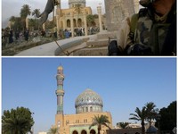 A combination picture shows a U.S. soldier watching as a statue of Iraqi President Saddam Hussein falls at Firdos Square in central Baghdad, Iraq, April 9, 2003, and the square on September 28, 2026.  REUTERS/Goran Tomasevic  REUTERS/Ahmed Saad     T