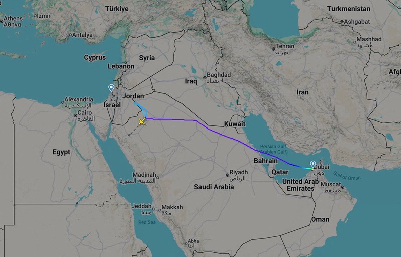 A picture taken on March 8, 2026, shows a Flydubai Boeing 737-8 MAX A6-FKF aircraft, which was bound for Israel from the United Arab Emirates diverted to Saudi Arabia after transmitting emergency signals following a fight between the pilots rather than a hijacking, according to an Israeli official, in this handout image in a location given as Salzburg, Austria. Karl Dittlbacher/Handout via REUTERS    THIS IMAGE HAS BEEN SUPPLIED BY A THIRD PARTY. NO RESALES. NO ARCHIVES. MANDATORY CREDIT.  VERIFICATION: -Reuters could not confirm the location where the photo was taken -Flight history for aircraft - A6-FKF indicates the aircraft did the liaison Salzburg-Dubai on March 8, 2026, according to tracking information available on Flightradar24.  -Date confirmed from the original file metadata -The aircraft registration number seen in the archive image matched the registration number associated with the Playback information of flight FZ1073, according to tracking data available on Flightradar24.