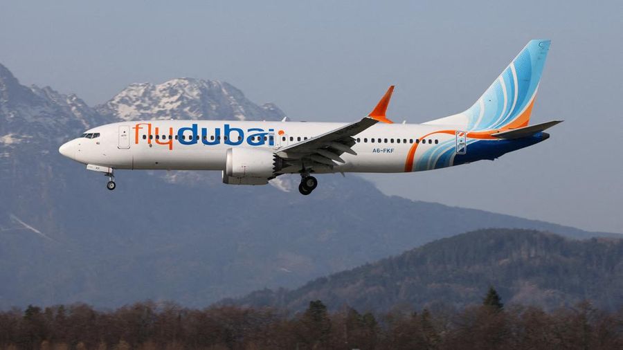 A picture taken on March 8, 2026, shows a Flydubai Boeing 737-8 MAX A6-FKF aircraft, which was bound for Israel from the United Arab Emirates diverted to Saudi Arabia after transmitting emergency signals following a fight between the pilots rather th