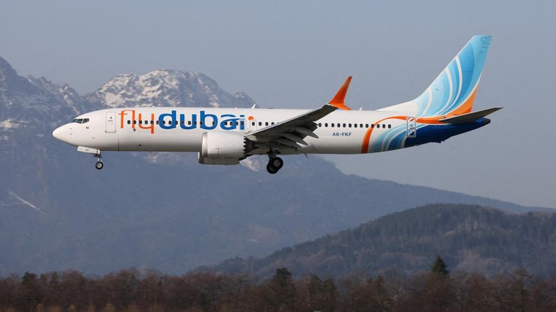 A picture taken on March 8, 2026, shows a Flydubai Boeing 737-8 MAX A6-FKF aircraft, which was bound for Israel from the United Arab Emirates diverted to Saudi Arabia after transmitting emergency signals following a fight between the pilots rather th