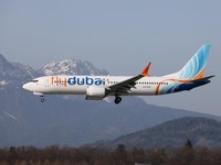 A picture taken on March 8, 2026, shows a Flydubai Boeing 737-8 MAX A6-FKF aircraft, which was bound for Israel from the United Arab Emirates diverted to Saudi Arabia after transmitting emergency signals following a fight between the pilots rather th