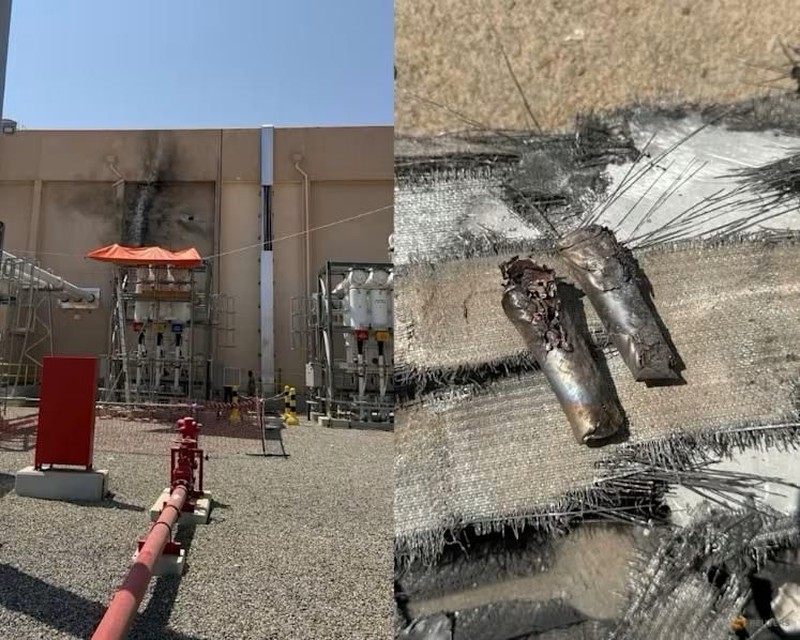 Kerusakan pada gardu distribusi listrik Taibah dan puing-puing drone yang menurut otoritas Saudi diluncurkan oleh kelompok Houthi, Selasa (29/9/2026) di Madinah, Arab Saudi. (via REUTERS/SAUDI PRESS AGENCY)