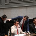 Bolivia's Vice President and President of the Plurinational Legislative Assembly Edmand Lara, drinks water while presiding over a session of the Plurinational Legislative Assembly, where the extension of the state of emergency for 90 days is being di