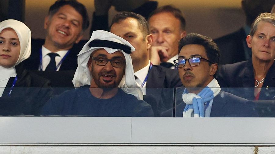 FILE PHOTO: Soccer Football - Champions League Final - Manchester City v Inter Milan - Ataturk Olympic Stadium, Istanbul, Turkey - June 10, 2023 United Arab Emirates Mohammed bin Zayed Al Nahyan and Manchester City owner Sheikh Mansour bin Zayed Al N