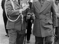 Sudan President Gaafar al-Nimeiry (L) smiles in February 1974 while he walks with Egyptian President Awar al-Sadat upon his arrival in Cairo for an official visit to Egypt. Nimeiry, who ruled Sudan from 1969 during 16 years, was ousted in April 1985
