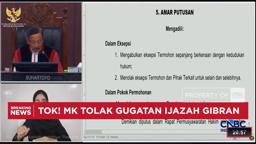 TOK! MK Tolak Gugatan Ijazah Gibran