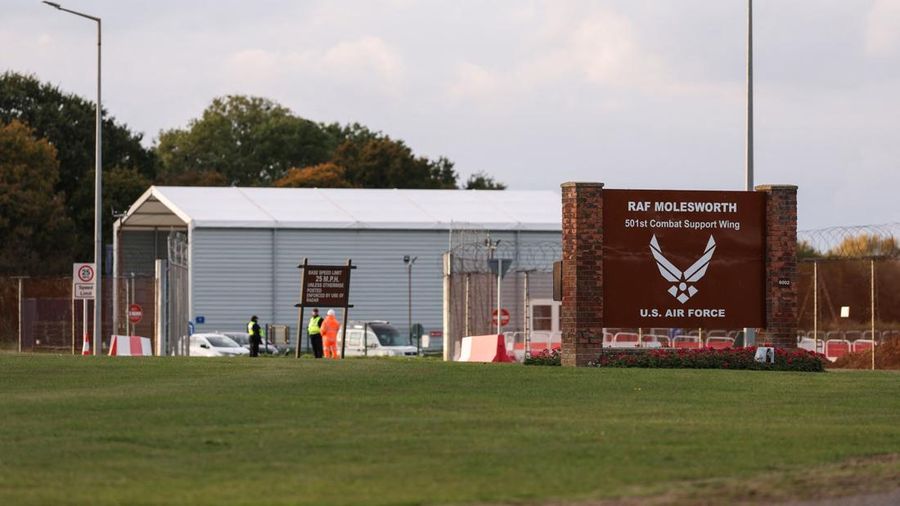 A sign at the entrance of RAF Molesworth, after two Latvian nationals were arrested on suspicion of entering a prohibited place for a purpose prejudicial to the UK, police said in a statement, in Cambridgeshire, Britain, October 8, 2026. REUTERS/Chri
