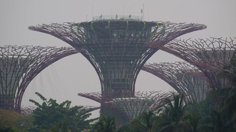 Polusi udara di Singapura telah memburuk hingga menjadi yang tertinggi di dunia. Kondisi krisis ini terjadi setelah kabut asap dari rentetan kebakaran hutan dan lahan (karhutra) terjadi di Sumatera, Indonesia, Jumat (9/10/2026). (AFP/ANTHONY WALLACE)