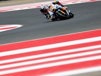 Pembalap Trackhouse MotoGP Team Raul Fernandez beraksi saat sesi latihan bebas MotoGP Grand Prix Indonesia 2026, di Sirkuit Internasional Mandalika, Mandalika, Indonesia, (10/10/2026). (REUTERS/Willy Kurniawan)