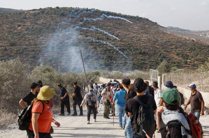 Warga Palestina yang sedang memanen zaitun dan para aktivis asing bereaksi saat terjadi bentrokan dengan pemukim Israel di kebun zaitun milik warga Palestina di desa Deir Abu Mishal&mdash;dengan kepulan asap gas air mata terlihat di latar belakang&mdash;di dekat Ramallah, Tepi Barat yang diduduki Israel, pada 10 Oktober 2026. (REUTERS/Mohamad Torokman)