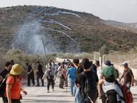 Warga Palestina yang sedang memanen zaitun dan para aktivis asing bereaksi saat terjadi bentrokan dengan pemukim Israel di kebun zaitun milik warga Palestina di desa Deir Abu Mishaldengan kepulan asap gas air mata terlihat di latar belakangdi dekat R