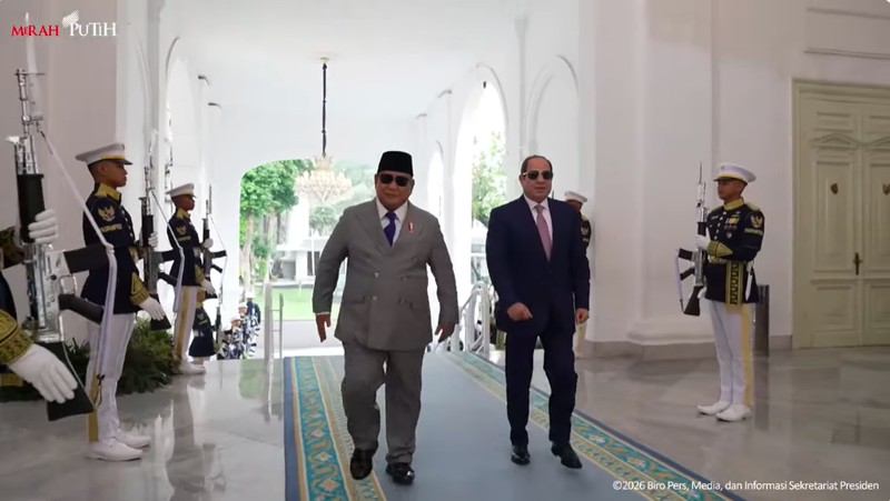 Presiden Prabowo Subianto menerima kunjungan kenegaraan Presiden Republik Arab Mesir Abdel Fattah El-Sisi di Istana Kepresidenan, Jakarta, Minggu (11/10/2026). (Tangkapan Layar Youtube/Sekretariat Presiden)