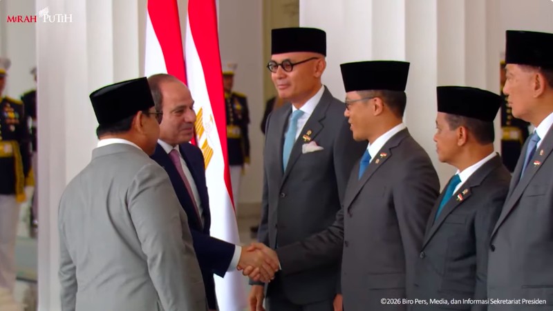 Presiden Prabowo Subianto menerima kunjungan kenegaraan Presiden Republik Arab Mesir Abdel Fattah El-Sisi di Istana Kepresidenan, Jakarta, Minggu (11/10/2026). (Tangkapan Layar Youtube/Sekretariat Presiden)