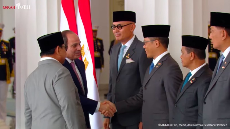 Presiden Prabowo Subianto menerima kunjungan kenegaraan Presiden Republik Arab Mesir Abdel Fattah El-Sisi di Istana Kepresidenan, Jakarta, Minggu (11/10/2026).