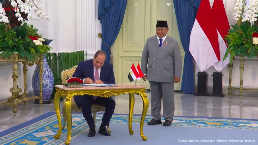 Presiden Prabowo Subianto menerima kunjungan kenegaraan Presiden Republik Arab Mesir Abdel Fattah El-Sisi di Istana Kepresidenan, Jakarta, Minggu (11/10/2026).