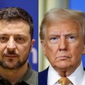 (COMBO) This combination of file photographs created on August 8, 2025, shows (From L) a handout photograph taken and released by the Ukrainian Presidential Press Service on June 27, 2024, in which Ukrainian President Volodymyr Zelensky looks on duri