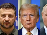 (COMBO) This combination of file photographs created on August 8, 2025, shows (From L) a handout photograph taken and released by the Ukrainian Presidential Press Service on June 27, 2024, in which Ukrainian President Volodymyr Zelensky looks on duri