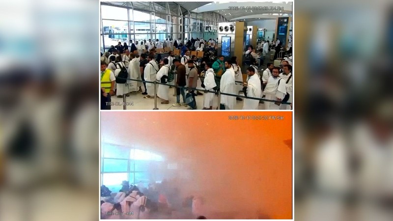 Foto kombinasi menunjukkan rekaman CCTV orang-orang yang mengantre tepat sebelum serangan terjadi (atas), dan orang-orang yang bereaksi di tengah asap pada saat serangan terjadi (bawah), di Bandara Internasional King Khalid di Riyadh, Arab Saudi, 10 Oktober 2026. (Saudi Ministry of Media/Handout via REUTERS)
