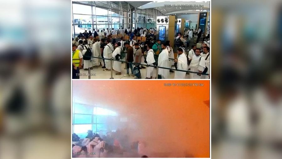 Foto kombinasi menunjukkan rekaman CCTV orang-orang yang mengantre tepat sebelum serangan terjadi (atas), dan orang-orang yang bereaksi di tengah asap pada saat serangan terjadi (bawah), di Bandara Internasional King Khalid di Riyadh, Arab Saudi, 10 Oktober 2026. (Saudi Ministry of Media/Handout via REUTERS)