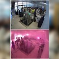 Foto kombinasi menunjukkan rekaman CCTV orang-orang yang mengantre tepat sebelum serangan terjadi (atas), dan orang-orang yang bereaksi di tengah asap pada saat serangan terjadi (bawah), di Bandara Internasional King Khalid di Riyadh, Arab Saudi, 10