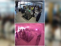 Foto kombinasi menunjukkan rekaman CCTV orang-orang yang mengantre tepat sebelum serangan terjadi (atas), dan orang-orang yang bereaksi di tengah asap pada saat serangan terjadi (bawah), di Bandara Internasional King Khalid di Riyadh, Arab Saudi, 10