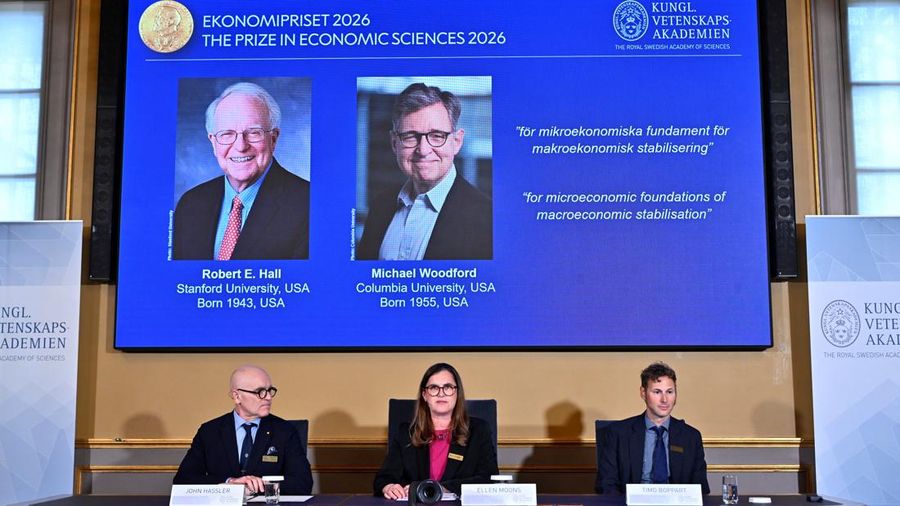 Robert E. Hall and Michael Woodford are announced as the laureates of the 2026 Sveriges Riksbank Prize in Economic Sciences in Memory of Alfred Nobel at the Royal Swedish Academy of Sciences in Stockholm, Sweden, on October 12, 2026. TT News Agency/A