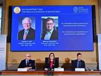Robert E. Hall and Michael Woodford are announced as the laureates of the 2026 Sveriges Riksbank Prize in Economic Sciences in Memory of Alfred Nobel at the Royal Swedish Academy of Sciences in Stockholm, Sweden, on October 12, 2026. TT News Agency/A