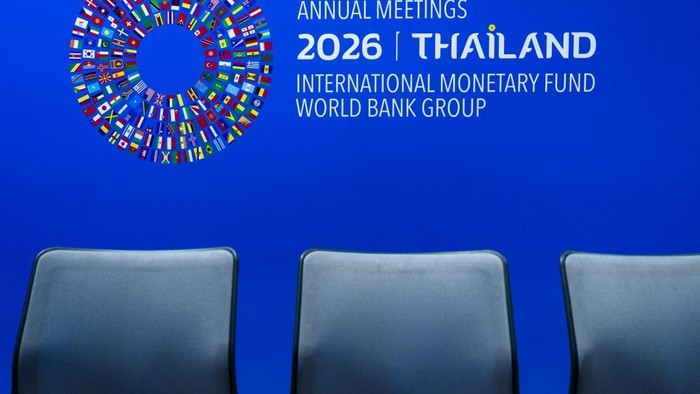 The conference logo of the IMF-World Bank Group Annual Meetings 2026 is displayed on a wall backdrop inside a meeting room at the Queen Sirikit National Convention Center in Bangkok on October 9, 2026. (Photo by Chanakarn LAOSARAKHAM / AFP)