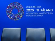 The conference logo of the IMF-World Bank Group Annual Meetings 2026 is displayed on a wall backdrop inside a meeting room at the Queen Sirikit National Convention Center in Bangkok on October 9, 2026. (Photo by Chanakarn LAOSARAKHAM / AFP)