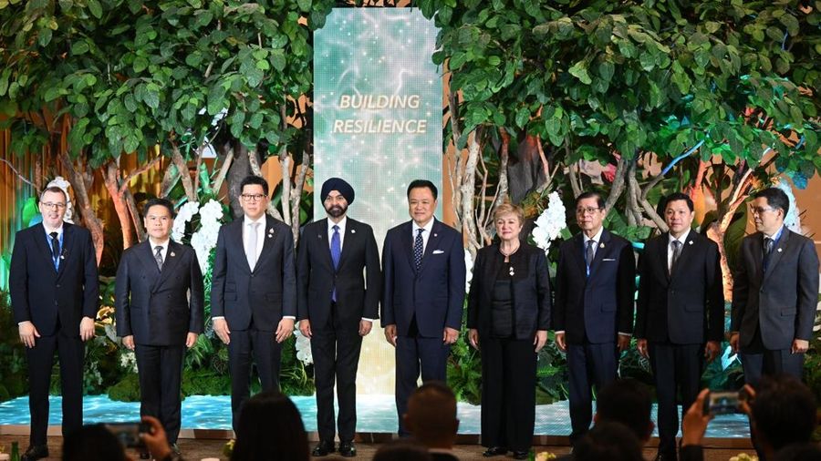 International Monetary Fund (IMF) Managing Director Kristalina Georgieva (4th R), Thai Prime Minister Anutin Charnvirakul (C), World Bank Group President Ajay Banga (4th L), Thailand's Deputy Prime Minister and Minister of Finance Ekniti Nitithanprap