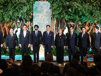 International Monetary Fund (IMF) Managing Director Kristalina Georgieva (4th R), Thai Prime Minister Anutin Charnvirakul (C), World Bank Group President Ajay Banga (4th L), Thailand's Deputy Prime Minister and Minister of Finance Ekniti Nitithanprap