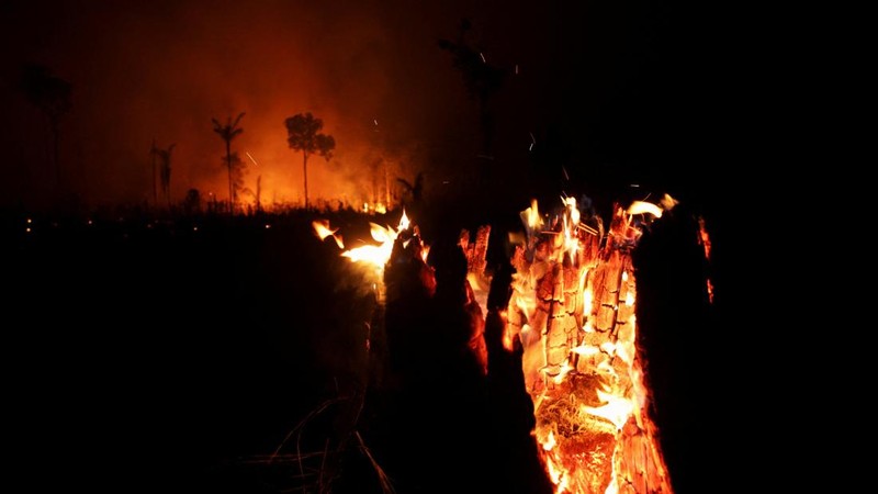 Sebuah area hutan hujan Amazon yang telah digunduli terbakar selama musim kemarau di wilayah Autazes, negara bagian Amazonas, Brasil. 12 Oktober 2026.