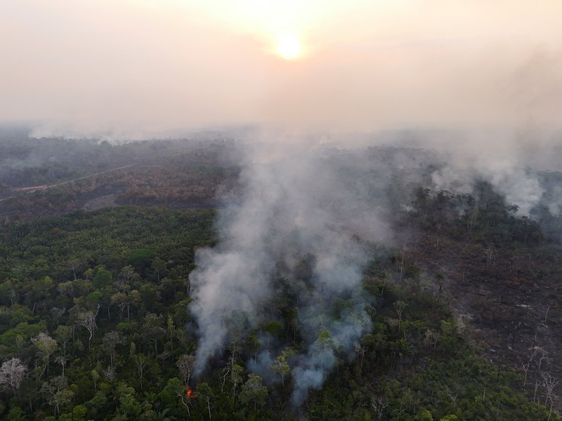 Sebuah area hutan hujan Amazon yang telah digunduli terbakar selama musim kemarau di wilayah Autazes, negara bagian Amazonas, Brasil. 12 Oktober 2026. (REUTERS/Bruno Kelly)