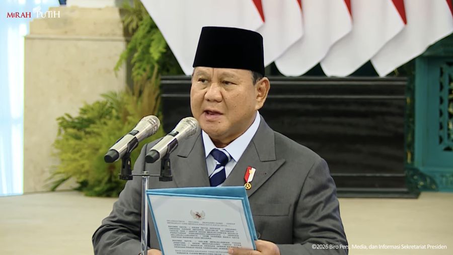 Presiden Prabowo Subianto melantik dan mengambil sumpah Pejabat Negara/Pemerintah, Istana Negara, Jakarta, Kamis (15/10/2026). (Tangkapan Layar Youtube/Sekretariat Presiden)