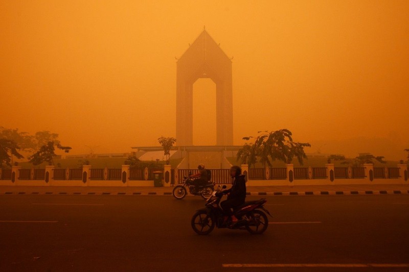 Suasana saat kabut kebakaran hutan menyelimuti kawasan di Palangka Raya, provinsi Kalimantan Tengah, Rabu (14/10/2026). (REUTERS/Arief Rahman Septian Prathama)